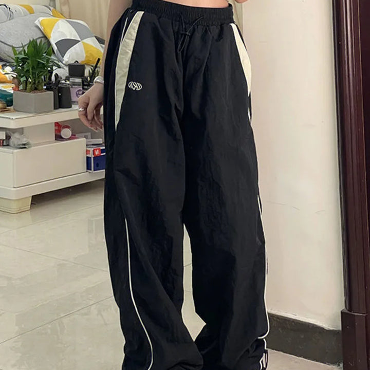 Women Spring Retro Solid Loose Drawstring Trousers Casual Joggers Baggy Wide Leg Sweatpants Mid Waist Sporty Y2k Female Clothes